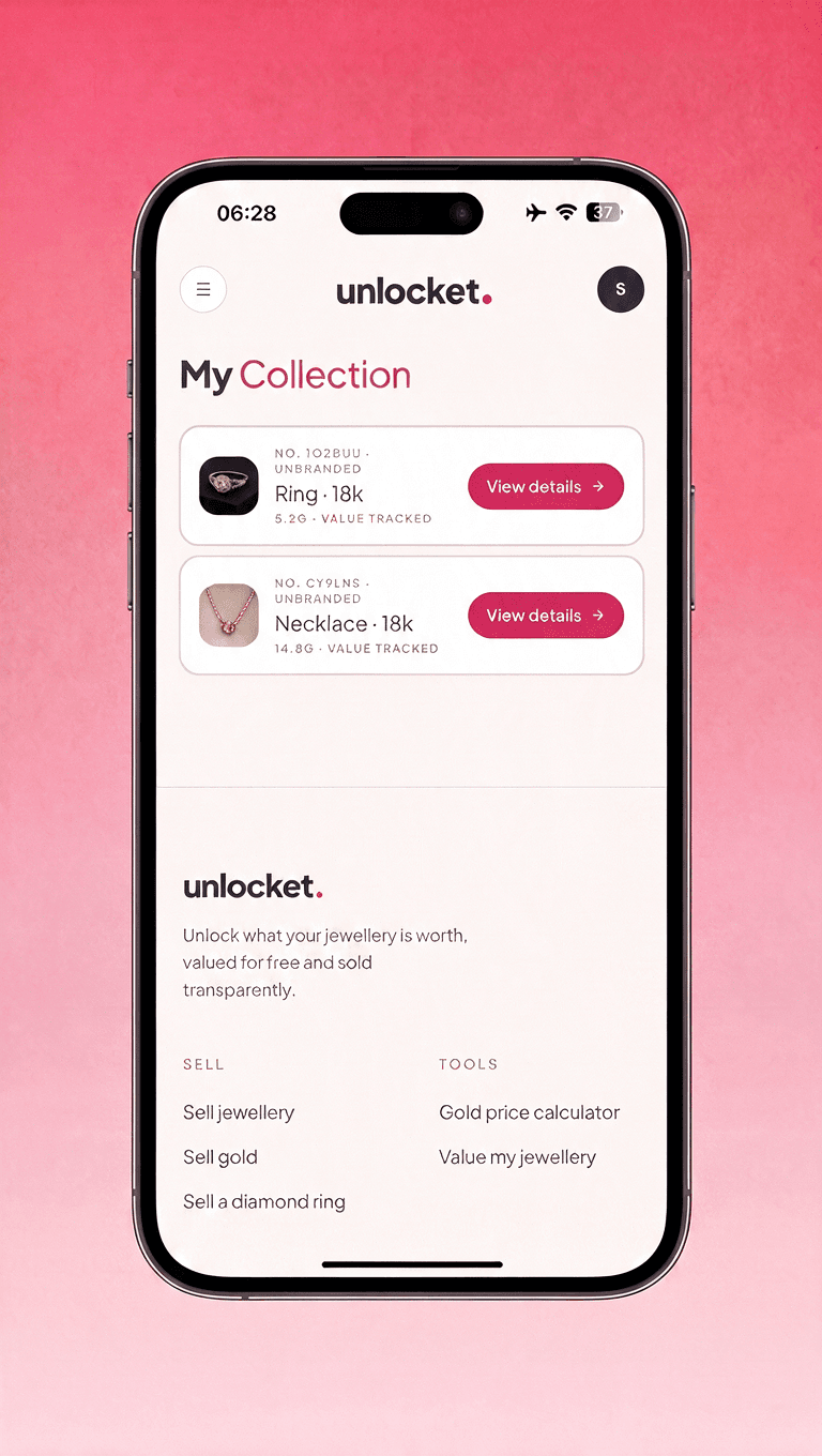 The Unlocket collection screen. A jewellery portfolio of tracked pieces