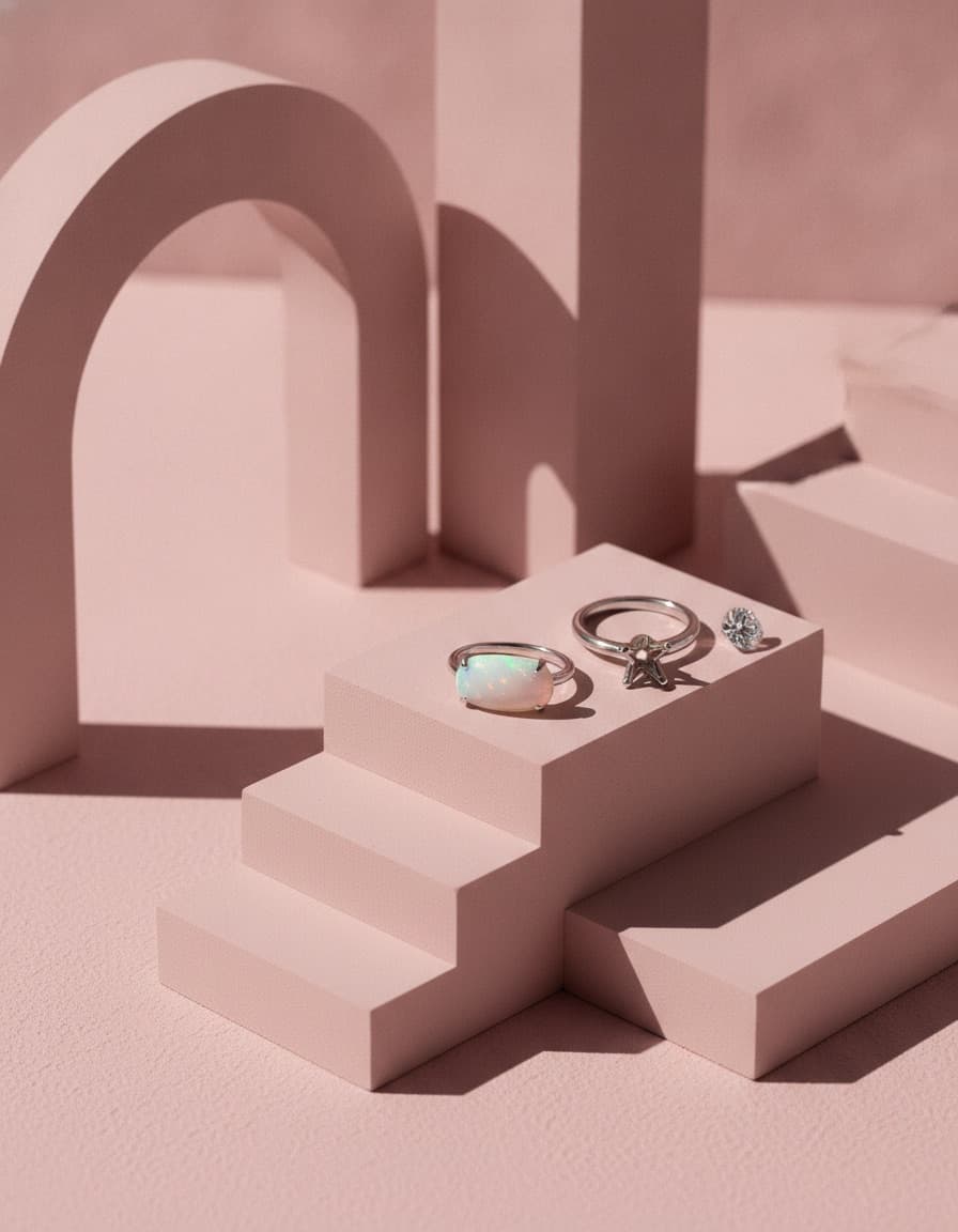A chipped opal ring, a diamond ring and a stud on pale pink steps