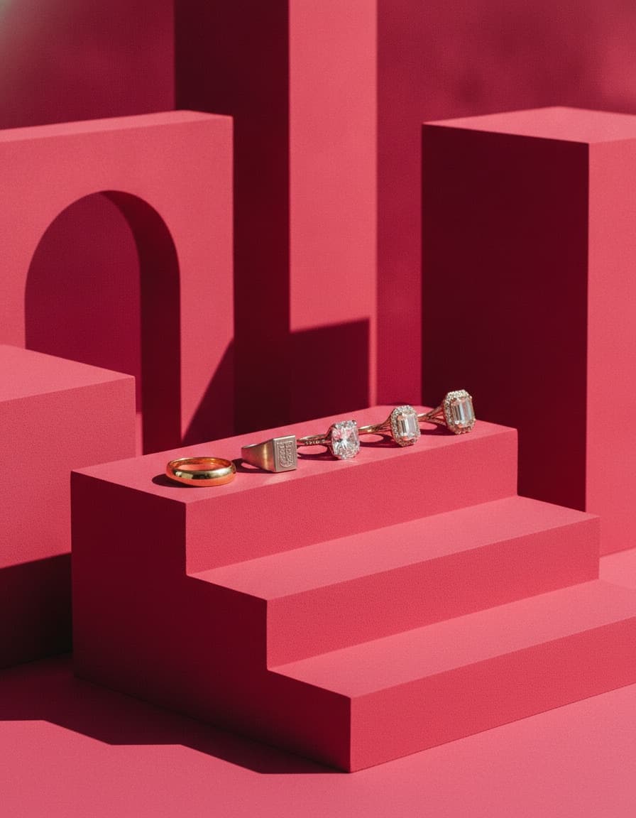 A row of gold and diamond rings on raspberry-red steps