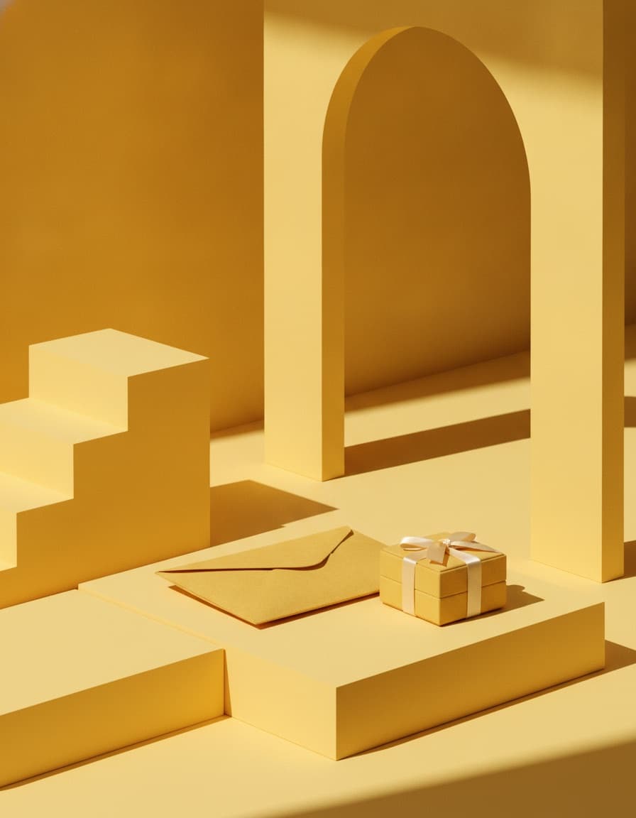 A padded mailer and a small ring box on a butter-yellow plinth, ready to post